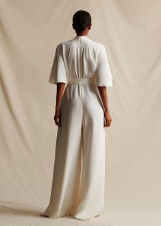 NANSI JUMPSUIT WITH SLEEVE IN SILK CREPE Crepe Jumpsuit Styles, Elegant Long Sleeve Cocktail Jumpsuits And Rompers, Elegant Long Sleeve Jumpsuits For Cocktail, Elegant Long Sleeve Jumpsuits For Cocktail Events, Silk Pantsuit For Spring Evening, Evening Pantsuit With Structured Boning, Elegant Spring Cocktail Pantsuit, Elegant Workwear Maxi Jumpsuits And Rompers, Elegant Maxi Length Workwear Jumpsuits And Rompers