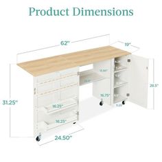 the measurements for an office desk with drawers and shelves on each side are shown in white