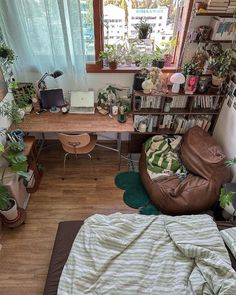 a room with a bed, desk and bookshelf filled with various types of plants