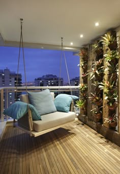 an image of a porch swing chair with blue pillows on it and the caption reads, decorative curios