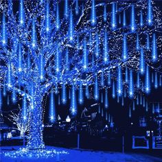 a tree that is lit up with blue lights