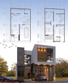 two story house plan with garage and living room on the second floor, three car parking spaces below