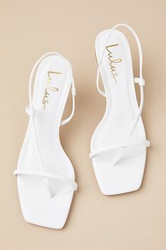 Dip your toe into an ultra-chic look with the Lulus Toinette White Strappy Slingback High Heel Sandals! Smooth faux leather shapes these sleek heels that feature a trendy square toe bed, a slender vamp strap, and a thong-style upper that continues into a slingback-style strap (with elastic at the side for fit). A low stiletto heel completes the barely-there look! 2. 75" wrapped stiletto heel. Cushioned insole. Rubber sole has nonskid markings. Man made materials. Imported. Lulus | Toinette White Heel Sandals, Strappy Sandals, High Heel Sandals, Stiletto Heel, High Heel, Stiletto Heels, Rubber Sole, Dip, Sandals Heels