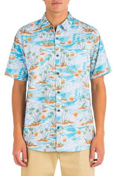 When it comes to the beach, you can't take it with you, but the laid-back vibes travel extremely well on this cool button-up that takes you away to the islands. Spread collar Short sleeves 80% cotton, 20% polyester Machine wash, tumble dry Imported Beach Season Shirt With Button Closure, Summer Vacation Shirt With Button Closure, Summer Hawaiian Camp Shirt With Button Closure, Blue Button-up Hawaiian Shirt For Vacation, Summer Beach Hawaiian Shirt With Button Closure, Blue Summer Camp Shirt For Beach, Summer Beach Shirt With Button Closure, Blue Summer Shirt For Vacation, Casual Printed Camp Shirt For Beach