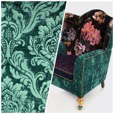 an upholstered green chair with flowers on it and the same fabric in different colors