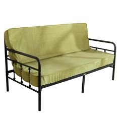 a black metal frame and green fabric couch