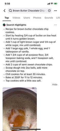 the recipe for brown butter chocolate chip pancakes is shown on an iphone screen, and it appears to be in english