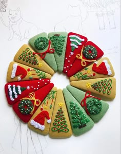 christmas stockings and ornaments are arranged in a circle on a white surface with a drawing behind them