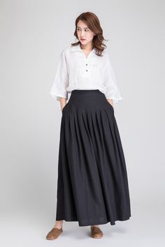 "We have many black linen skirt style. This black skirt is created for the new coming. More customer request pleated, yes, we know you like pleated. Of course, two side pockets is needed. This black linen skirt opend by side zipper. It is a long linen skirt. Details: * 50% linen, 50% cotton * Seam pockets * Right zipper closure * Fitted waist * Pleating from the middle hip part * Ankle length * Perfect for summer, spring, autumn * Wash by hand or machine with cold water * Size Chart https://etsy Maxi Skirt High Waisted, Red Linen Dress, Long Linen Skirt, Linen Maxi Skirt, Long Flowy Skirt, Tailored Clothes, Handmade Skirts, Black Maxi Skirt, Skirt Summer