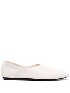 eggshell white calf leather slip-on style almond toe branded leather insole flat sole seam detail at heel Classic Slip-on Calf Leather Ballet Flats, Slip-on Ballet Flats With Stitched Sole, Elegant Ballet Flats With Stitched Sole, White Slip-ons With Leather Sole And Pointed Toe, Cream Leather Flat Slip-ons, Chic Calf Leather Slip-ons With Rubber Sole, Chic Calf Leather Slip-on Ballet Flats, Chic Slip-on Ballet Flats In Calf Leather, White Modern Slip-on Flats