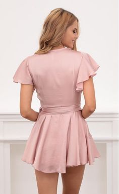 Party dresses > Eliza Wrap Dress in Blush Satin Chic V-neck Satin Dress For Spring, Blush V-neck Dress For Date Night, Chic Satin Dress For Wedding Guest, Chic Satin Dress For Spring Bridesmaids, Chic Satin Bridesmaid Dress For Spring, Pink Glamorous Satin Dress For Date Night, Glamorous Pink Satin Dress For Date Night, Pink Satin Feminine Mini Dress, Pink Satin Dress For Summer Wedding