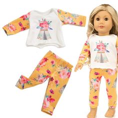 a doll with blonde hair wearing yellow floral pajamas and white shirt, standing next to an american girl doll