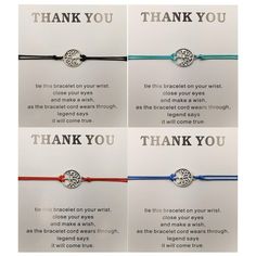 four different bracelets with thank you written on the front and back of each bracelet