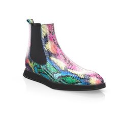 a pair of colorful shoes with black soles on the bottom and side, all covered in multicolored snake skin