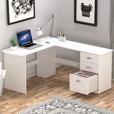 PRICES MAY VARY. L-shaped corner computer desk saves space in home office, dorm room Material: wood grain laminated environmentally friendly particle board. Two stationery drawers and one filing drawer. The file drawer accommodates letter-size files. Easy to Assembly, step by step instruction and hardwares included Measures 59" W x 51" D x 28 " H SHW L-Shaped Home Office Wood Corner Desk with 3 Drawers, White Curved Office Desk, White L Shaped Desk, Home Office Wood, Modern L Shaped Desk, Wood Corner Desk, White Office Furniture, Corner Drawers, Office Wood, Curved Desk