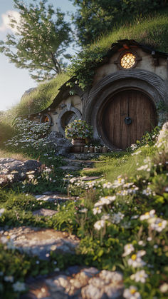 A picturesque Hobbit house Airbnb with a charming round door and lush green surroundings, dotted with wildflowers and a serene, storybook-like atmosphere. Real Hobbit House, Hobbit Airbnb, Hobbit Inspired House, Fairy World Aesthetic, Hobbit House Aesthetic, Hobbiton Aesthetic, Hobbit House Painting, Fantasy House Design, Hobit Houses