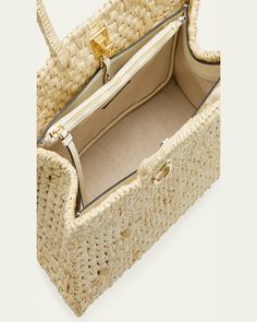 Ferragamo "The Studio" top handle bag in raffialike cotton     Rolled top handles    Open top with golden Gancini slider clasp closure     Interior, removable zip pouch bag     Feet protect bottom of bag     Approx. 9.4"H x 11.4"W x 5.7"D    Made in Italy Studio Bag, Straw Bags, Straw Tote, Crochet Tote, Small Tote, Box Bag, Zip Pouch, Fabric Bag, Handle Bag