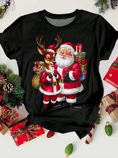 Merry Christmas Santa Claus&Deer Print T-Shirt Black Casual  Short Sleeve Knitted Fabric Animal,Christmas,Figure,Graphic,Letter,All Over Print  Medium Stretch  Women Clothing, size features are:Bust: ,Length: ,Sleeve Length: Black Top As Christmas Gift, Crew Neck T-shirt For New Year's Holiday, Crew Neck T-shirt For New Year Holiday, New Year Holiday Crew Neck T-shirt, Black Christmas Holiday Top, Black Christmas T-shirt As Gift, Black Christmas T-shirt With Short Sleeves, Black Christmas Graphic Tee, Black Short Sleeve Christmas T-shirt