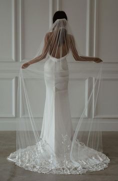 the back of a woman wearing a wedding dress and veil