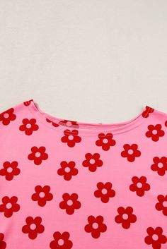 Material: 95% Polyester + 5% Elastane Red Tops For Summer Loungewear, Red Short Sleeve Tops For Loungewear, Red Summer Loungewear Tops, Cute Red Relaxed Fit Top, Relaxed Fit Red Top With Floral Print, Cute Red Top For Spring, Cute Red Tops For Spring, Cute Red Spring Tops, Cute Red Floral Print Tops