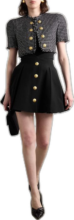 Fitted Skirt With Gold Buttons, Chic Fitted Skirt With Gold Buttons, Black Buttoned Skirt For Formal Occasions, Black Skirt With Buttons For Formal Occasions, Formal Buttoned Mini Skirt, Formal Mini Skirt With Buttons, Elegant Formal Mini Skirt With Buttons, Formal Black Skirt With Button Closure, Luxury Black Skirt