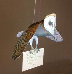 an owl ornament hanging from a string with a sign attached to it's side