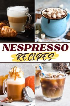 there are four different pictures with coffee and desserts in them on this page, which has the words respresso recipes below it