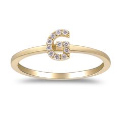 Simple and elegant, this diamond accent G initial ring features 11 round brilliant cut diamonds that create the sparkling letter design in a classic 10K yellow gold setting. | Diamond Accent "G" Initial Ring | 10K Yellow Gold | Round Brilliant Cut | Size 8 | 2mm | Helzberg Diamonds G Initial, G Ring, Helzberg Diamonds, Letter Design, Letter G, Yellow Gold Setting, Initial Ring, Gold Initial, Fine Jewelry Gift