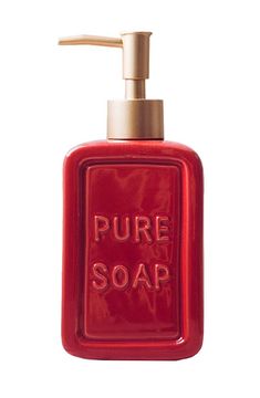 a red soap dispenser with the words pure soap on it