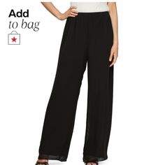 in stock Elegant Solid Wide Leg Pants For Going Out, Elegant Stretch Wide Leg Pants For Going Out, Casual Evening Wide Leg Ankle-length Pants, Casual Evening Wide Leg Pants, Black Chiffon Bottoms For Parties, Black Chiffon Evening Bottoms, Elegant Chiffon Pants With Elastic Waistband, Chic Chiffon Pants For Work, Chic Chiffon Pants For Workwear