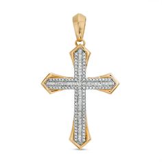 A chic representation of his faith, this diamond cross necklace charm is sure to be worn often. Created in 10K gold, this choice showcases a cross-shaped design lined with channel-set baguette-cut diamonds. Ribbons of round diamonds border the center while polished flared edges complete this Gothic-style look. Radiant with 1 ct. t.w. of diamonds and a brilliant buffed luster, this charm is ready to add to his favorite chain, sold separately. Luxury Cross-shaped Diamond Cut Necklace, Diamond Crucifix Cross Necklace In Yellow Gold, Luxury Cross Pendant Necklace With Diamond Accents, Luxury Pendant Cross Necklace With Diamond Accents, Luxury Diamond Cut Cross Pendant Necklace, Yellow Gold Cross Diamond Necklace With Diamond Accents, Yellow Gold Cross Diamond Necklace With Accents, Cross-shaped Yellow Gold Diamond Necklace, Luxury Diamond Accented Crucifix Cross Necklace