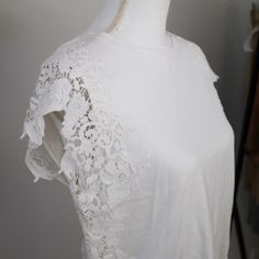 Small White T-Shirt From Express With Lace Sleeves And Lace Details On The Side. Never Worn & Tags Still Attached. 100% Cotton Bow Detail Dress, Short Sleeve Pullover, Love T Shirt, Fitted Skirt, Henley Shirts, Sleeve Detail, Tweed Jacket, Lace Sleeves, On The Side