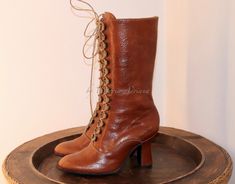 Victorian Round Toe Boots For Fall, Victorian Style Round Toe Boots For Fall, Victorian Style Fitted Leather Boots, Fitted Victorian Leather Boots, Victorian Boots With Leather Sole And Round Toe, Vintage Brown Lace-up Heeled Boots, Vintage Leather Knee-high Lace-up Boots, Vintage Lace-up Boots With Snip Toe And Leather Sole, Victorian Leather Boots With Round Toe