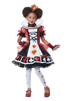 Queen Of Hearts Girls Costume Queen Of Hearts Halloween Costume, Queen Of Hearts Halloween, Queen Of Hearts Alice, The Mask Costume, Heart Costume, Queen Of Hearts Costume, White Short Sleeve Dress, California Costumes