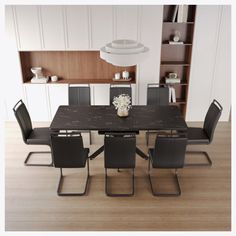 a dining room table and chairs in front of a book shelf