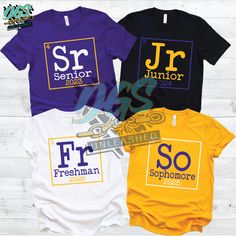 three t - shirts with the words jr senior and sr junior printed on them in different colors