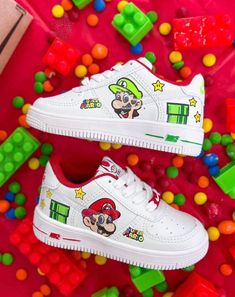 Baby super cute custom shoes Let me k now if u have some question thank you Mario Shoes, Super Mario Theme, Mario Theme, Girls Shoes Sneakers, Sneakers Athletic, Some Questions, Girls Sneakers, Custom Shoes, Super Mario