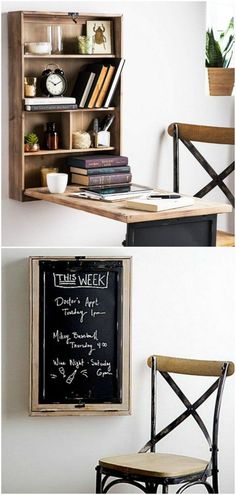 two pictures of a desk with a chalkboard on it