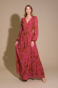 A printed woven maxi dress featuring surplice neckline, long sleeve, self sash tie and back zipper closure Details: Self : 100% PolyesterLining: 100% Polyester Size & Fit - Model is 5`8" And Wearing Size Small- Measurements Taken From Size Small- Approx. Length: 58" Fall V-neck Belted Maxi Dress, Printed V-neck Maxi Dress For Date Night, Brunch Maxi Dress With Tie Waist And Surplice Neckline, Flowy Wrap Dress For Fall, Belted V-neck Maxi Dress For Fall, Fall Belted V-neck Maxi Dress, Flowy Tie-waist Maxi Dress For Fall, Flowy Tie Waist Maxi Dress For Fall, Flowy Long Sleeve Maxi Dress With Tie Waist