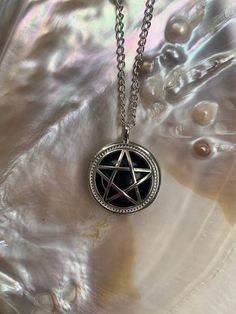 "Pentacle Crystal Necklace There is a clip on the side, it can be opened and closed, the stone inside can be removed. If you can find the same size stone, you can change it Opalite is a manmade stone and the others are natural chain length is 45cm and the pentacle circle is approximately 1inch ♡ USE THE CODE \"FREESHIPPING\" FOR ORDERS OVER 99$ ♡" Mystical Clavicle Chain Jewelry As Gift, Mystical Clavicle Chain Jewelry For Gift, Mystical Silver Jewelry With Charms, Gothic Stainless Steel Silver Chain Jewelry, Mystical Silver Star Jewelry, Mystical Silver Star-shaped Jewelry, Gothic Sterling Silver Clavicle Necklace, Gothic Sterling Silver Clavicle Chain Necklace, Sterling Silver Gothic Collar Necklace