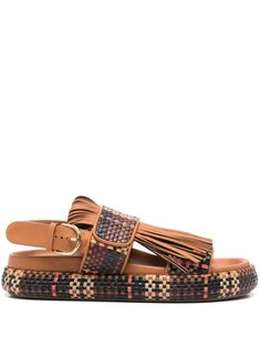 brown/multicolour lambskin interwoven design detail fringe detailing almond open toe double-strap design side buckle fastening branded leather insole flat rubber sole Woven Leather Shoes, Braided Leather Sandals, Woven Leather Sandals, Fringe Sandals, Sandals Brown, Leather Sandals Flat, Brown Leather Sandals, Suede Sandals, Summer Sandals