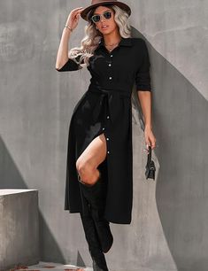 Fashion forward with this Fall Fashion Button Down Long Sleeve Belted Dress! Minimalistic but chic, this dress is designed to flatter with a belted waist and button down closure. Perfect for a night out or the office, this timeless piece ensures you will always look your best. 100% Polyester Button closure Machine Wash Long sleeve midi shirt dress with belt is made of 100% Polyester.The fabric is lightweight,comfortable and skin-friendly. Unique and chic style is great for spring and fall wear. Shirt Dress With Belt, Winter Knit Hats, Fall Wear, Midi Shirt Dress, Fashion Black, Long Sleeve Midi, Look Your Best, Winter Knits, Black Button