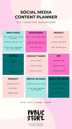 the social media content planner for creative businesses is shown in pink, blue and green