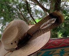 Buckaroo hat feather.  Feather consist of turkey tail feather measuring from feather tip to quill end 14 inches long by 3 inches widest area.  Accent feathers consist of a black turkey down feather.  Quill is finished with a leather bead and leather wind string, quill is wrapped with natural deer sinew.  Simple but gorgeous colors to add dimension and character to your hat.  Feathers are packed in proper packaging appropriate for feathers to ensure it's safe arrival. Note: feathers  and sinew are ethically sourced.   Hat for display purpose only. Cowboy Hat Feather, Buckaroo Hats, Black Turkey, Hat Feathers, Turkey Tail, Feather Quill, Turkey Feathers, Tail Feathers, Down Feather