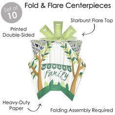 the instructions for fold and fire centerpieces are shown in this graphic style, with an image of trees on it