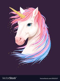 a white unicorn with pink and blue hair