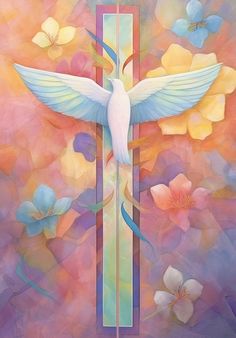 a painting of a white bird on a cross surrounded by flowers and butterflies in pastel colors