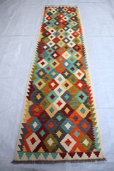 a multicolored runner rug on a white background