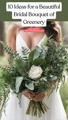 A lush bridal bouquet of greenery featuring elegant eucalyptus, ferns, and other natural foliage, showcasing an eco-friendly and stylish arrangement perfect for a modern wedding. Simple Green Bouquet, Woodsy Bridal Bouquet, Woodland Wedding Flowers Bouquet, Sage Green Wedding Flowers Bouquets, Wedding Bouquet With Thistle, Green Bouquet Flowers, Waterfall Bouquet Wedding, Eucalyptus Wedding Party, Wedding Ferns