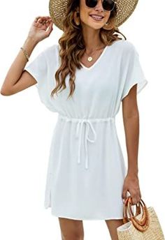 Bluetime Women Casual Sexy Swim Cover up V-Neck Summer Beachwear Coverups Flowy Short Sleeve Mini Beach Dress Mini Beach Dress, Beach Mini Dress, Mini Sundress, Bathing Suit Covers, Flowy Shorts, Bathing Suit Cover Up, Beach Getaways, Summer Beach Wear, Daily Dress